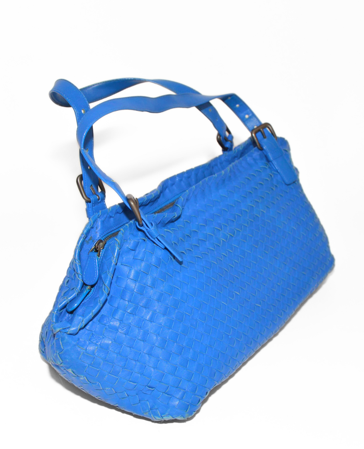 Blue leather Bottega Veneta Intrecciato shoulder bag with woven monogram pattern and double straps, vintage luxury designer. - Bottega Veneta Intrecciato Shoulder Bag