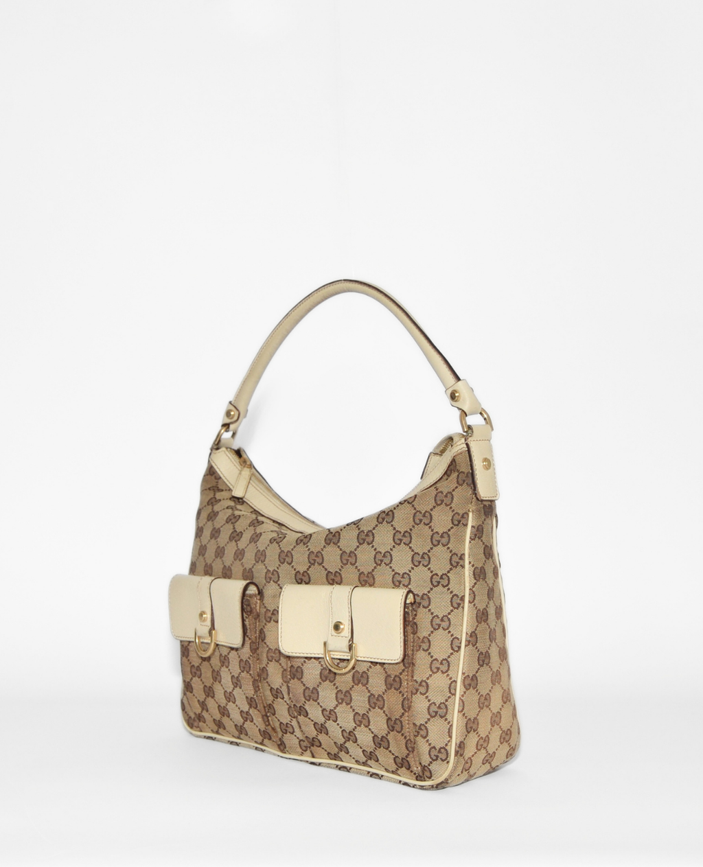 Gucci GG monogram canvas Abbey hobo bag with beige leather trim and front buckle pockets, vintage luxury designer rare. - Gucci GG Canvas Abbey Hobo Bag