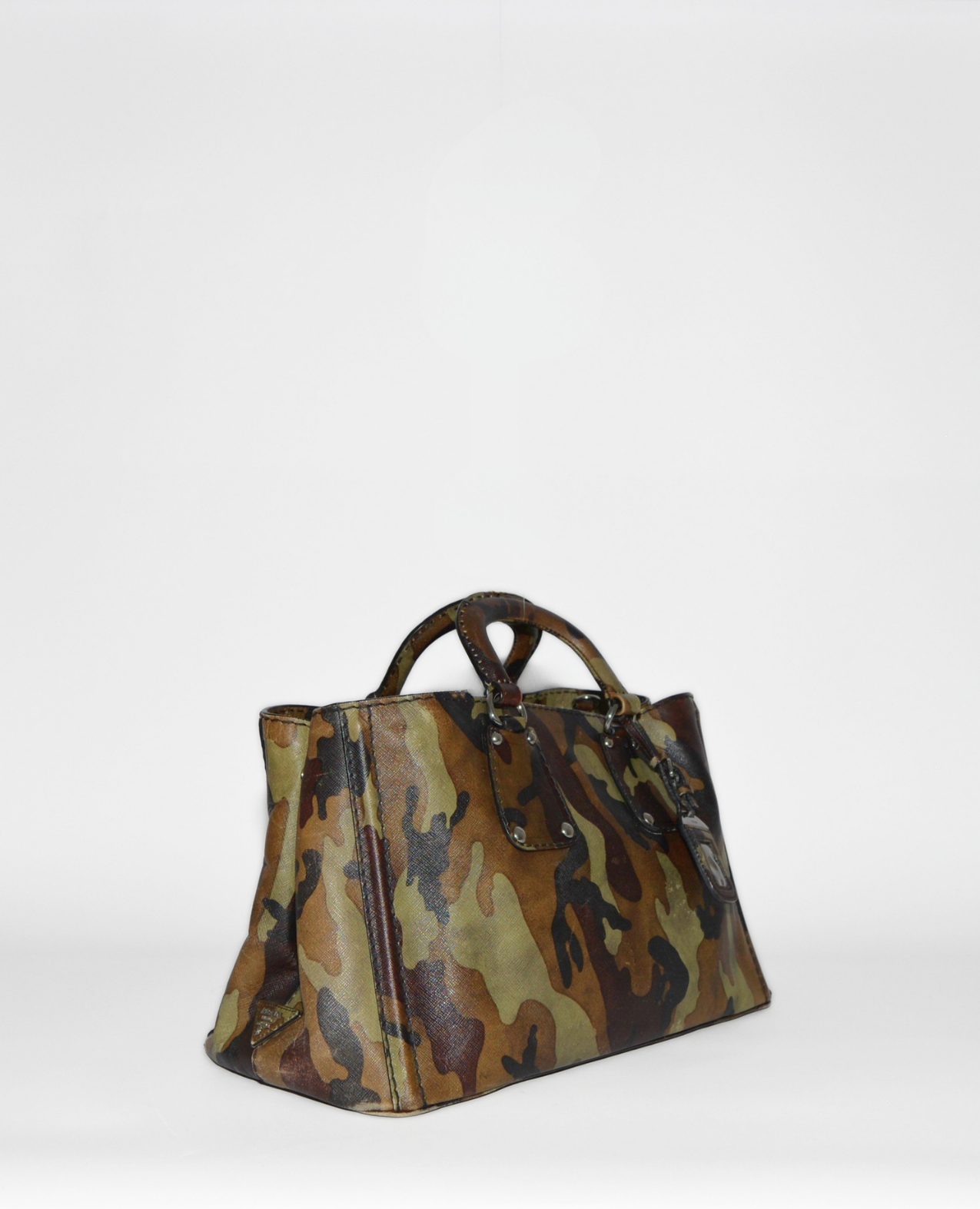 Prada Mimetico camouflage saffiano tote bag with vintage luxury monogram and high-end designer detailing. - Prada Mimetico Camouflage Saffiano Tote Bag