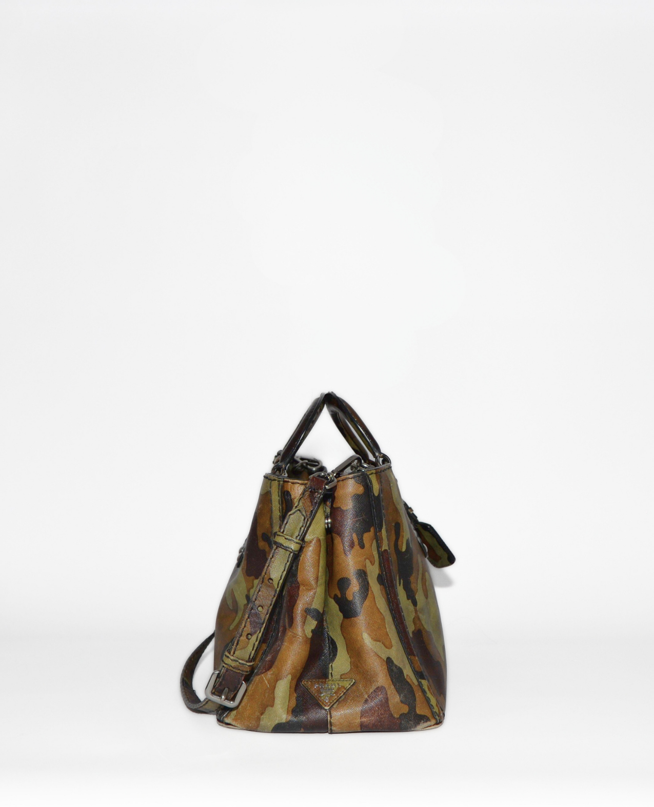 Prada vintage luxury saffiano leather tote bag in green and brown camouflage with monogram detail and high-end designer. - Prada Mimetico Camouflage Saffiano Tote Bag