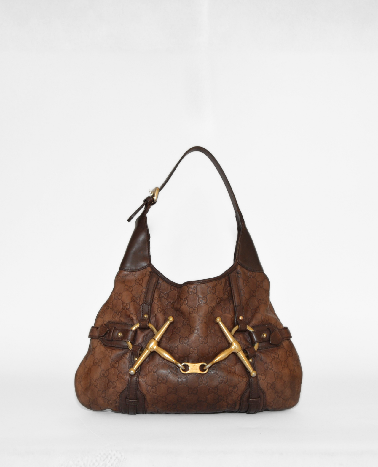 Vintage luxury Gucci Guccissima monogram leather shoulder bag with rare gold horsebit detail. - Gucci Guccissima Leather Horsebit Shoulder Bag