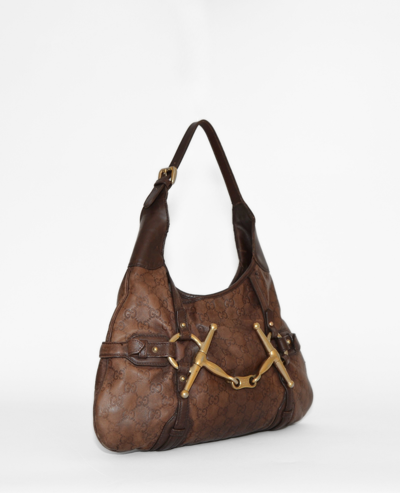 Vintage luxury Gucci Guccissima monogram leather shoulder bag with rare gold-tone horsebit detail. - Gucci Guccissima Leather Horsebit Shoulder Bag