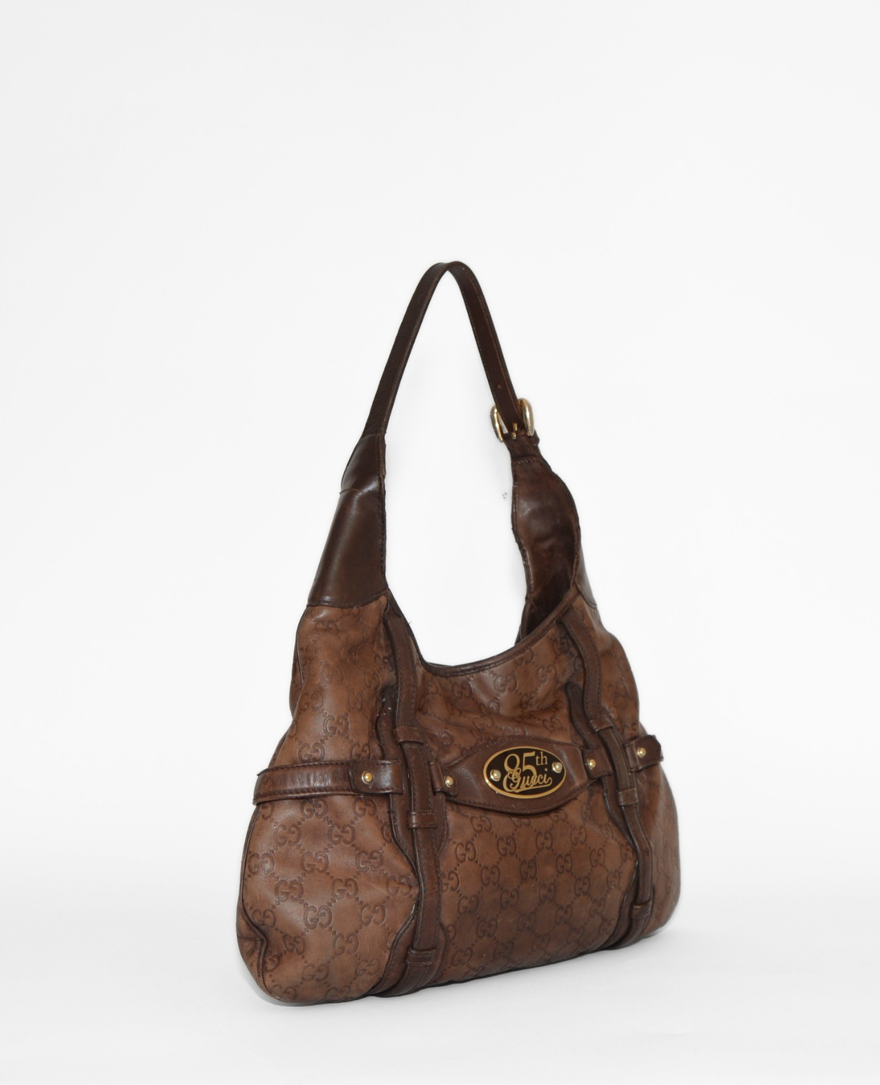 Gucci Guccissima brown leather shoulder bag with monogram pattern and gold-tone horsebit detail, vintage luxury designer. - Gucci Guccissima Leather Horsebit Shoulder Bag