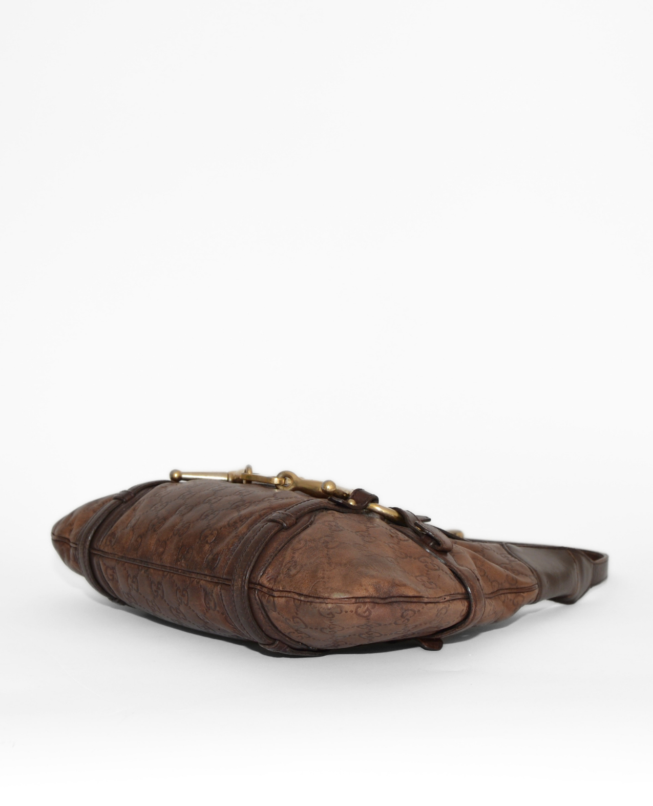 Vintage luxury Gucci Guccissima brown leather shoulder bag with monogram embossed and gold-tone horsebit hardware, rare. - Gucci Guccissima Leather Horsebit Shoulder Bag