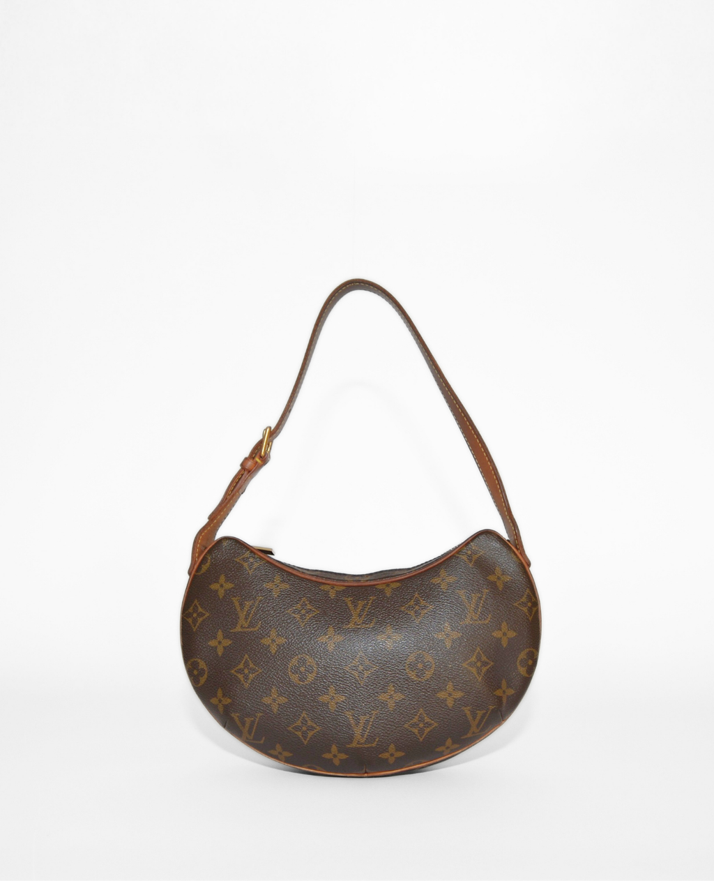 Louis Vuitton Croissant PM shoulder bag in vintage luxury monogram canvas with brown leather strap and gold-tone hardware. - Louis Vuitton Croissant PM Canvas Shoulder Bag