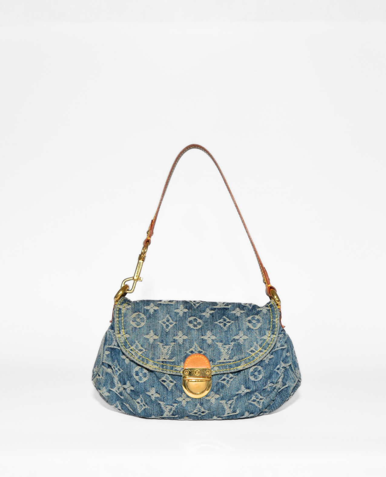Louis Vuitton Pleaty vintage luxury designer shoulder bag in monogram denim with leather strap and gold-tone clasp. - Louis Vuitton Pleaty Denim Shoulder Bag