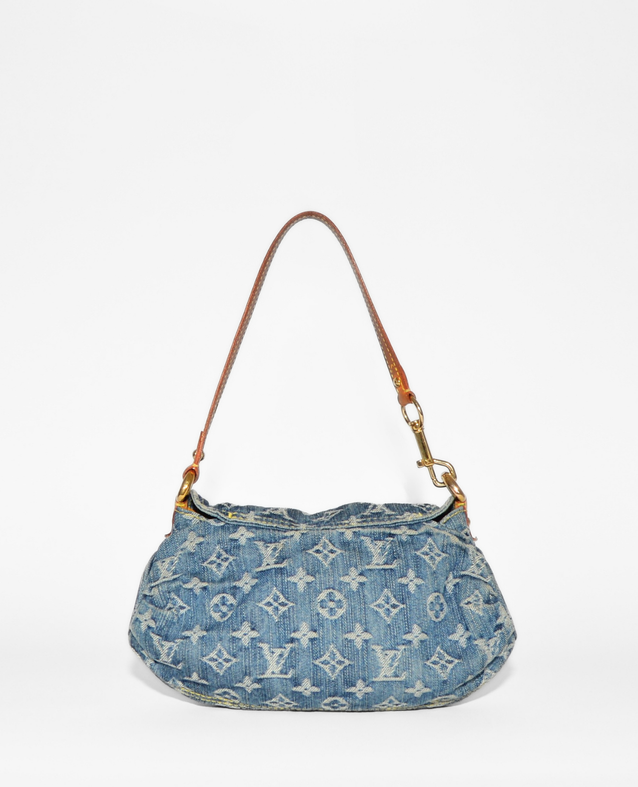Vintage luxury Louis Vuitton Pleaty Denim Shoulder Bag with monogram print and tan leather strap. - Louis Vuitton Pleaty Denim Shoulder Bag