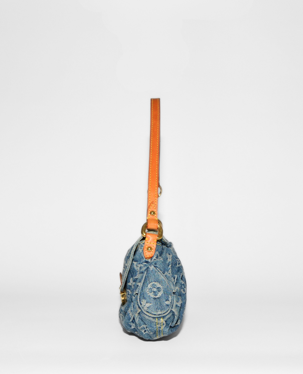 Louis Vuitton Pleaty denim shoulder bag with vintage monogram print and tan leather strap, authentic high-end designer rare. - Louis Vuitton Pleaty Denim Shoulder Bag