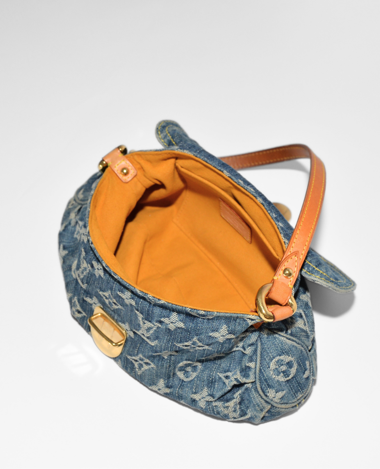 Vintage luxury Louis Vuitton Pleaty denim shoulder bag with high-end monogram and tan leather strap, authentic rare designer . - Louis Vuitton Pleaty Denim Shoulder Bag