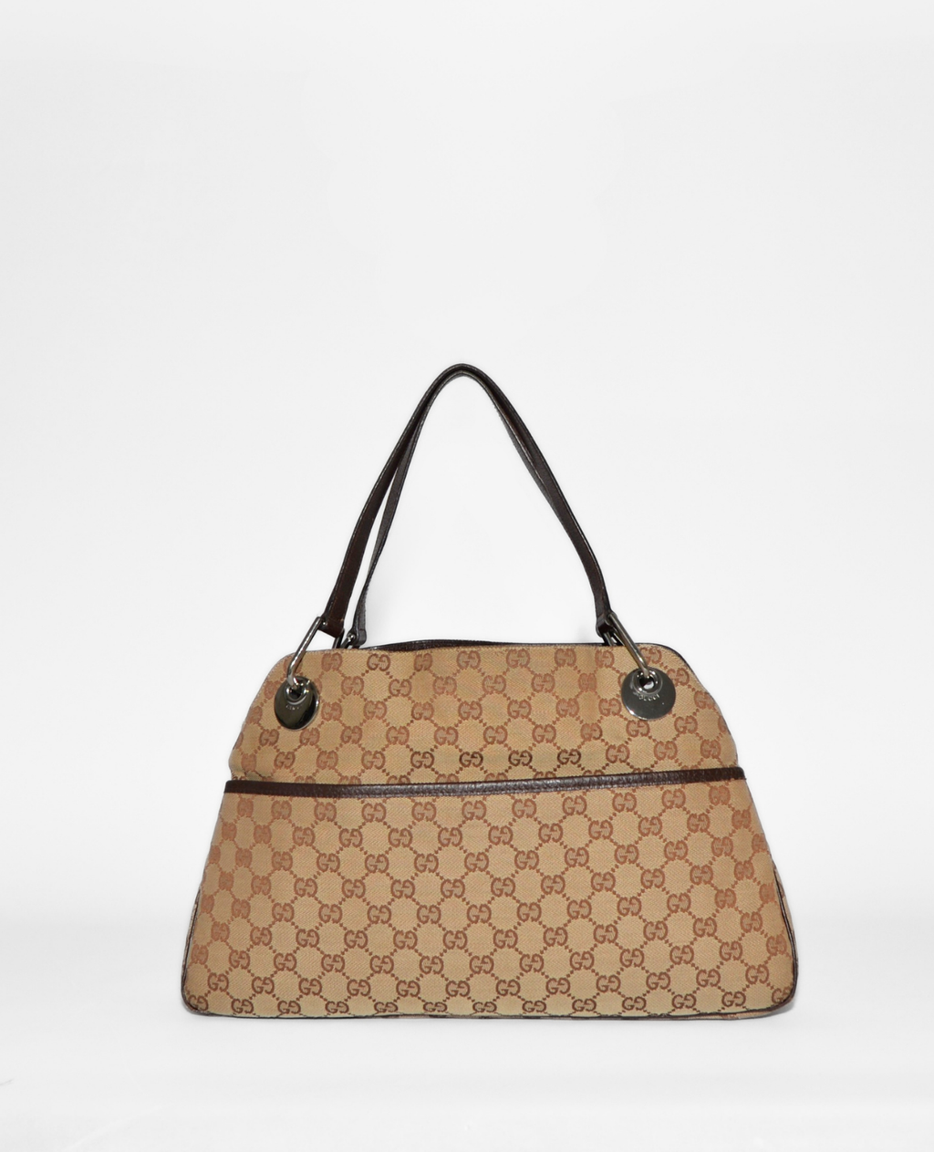 Gucci vintage luxury shoulder bag in beige monogram canvas with dark brown leather trim and handles, high-end authentic. - Gucci GG Canvas Eclipse Shoulder Bag