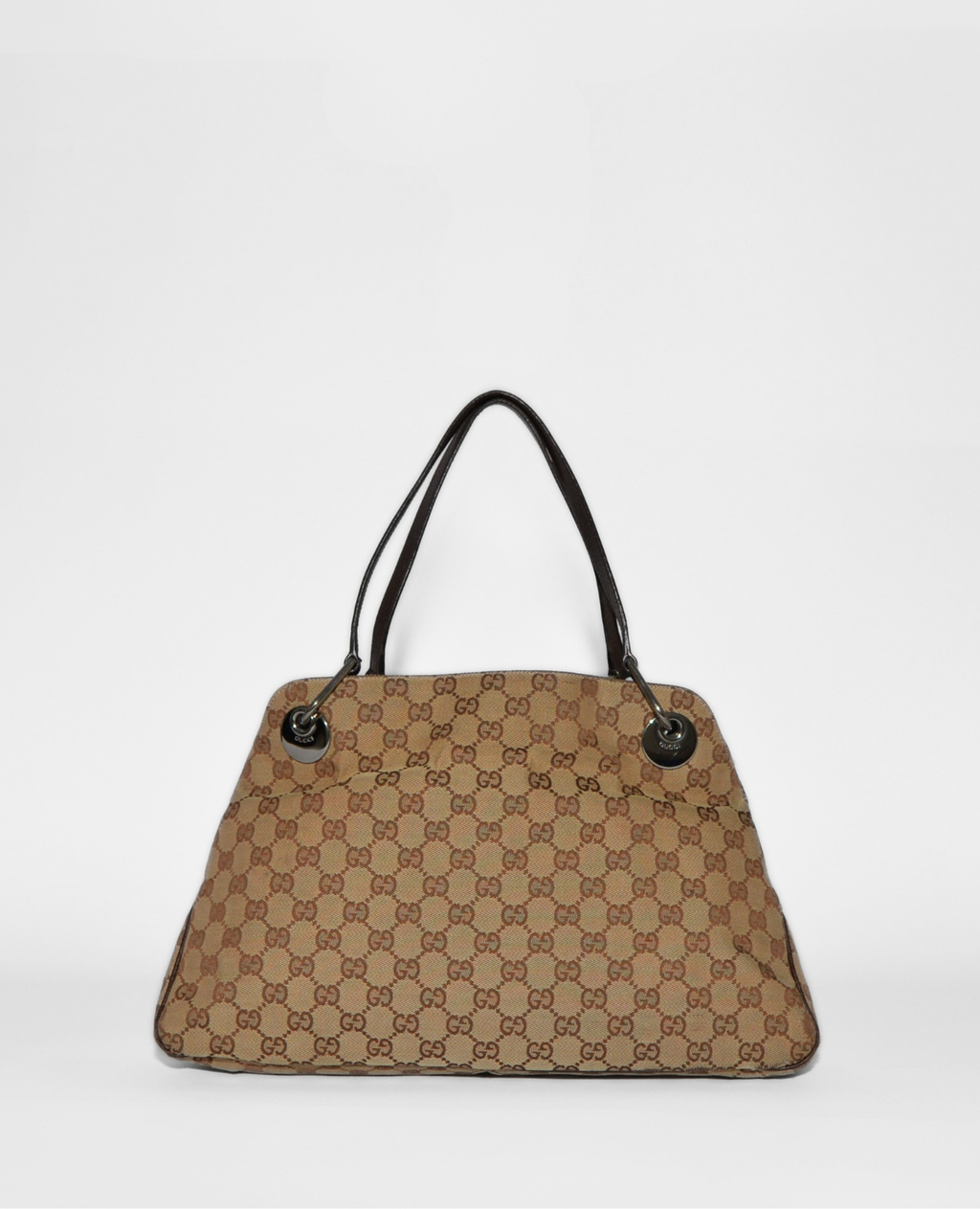 Gucci GG Canvas Eclipse shoulder bag in brown monogram canvas with black leather straps, vintage luxury designer rare. - Gucci GG Canvas Eclipse Shoulder Bag