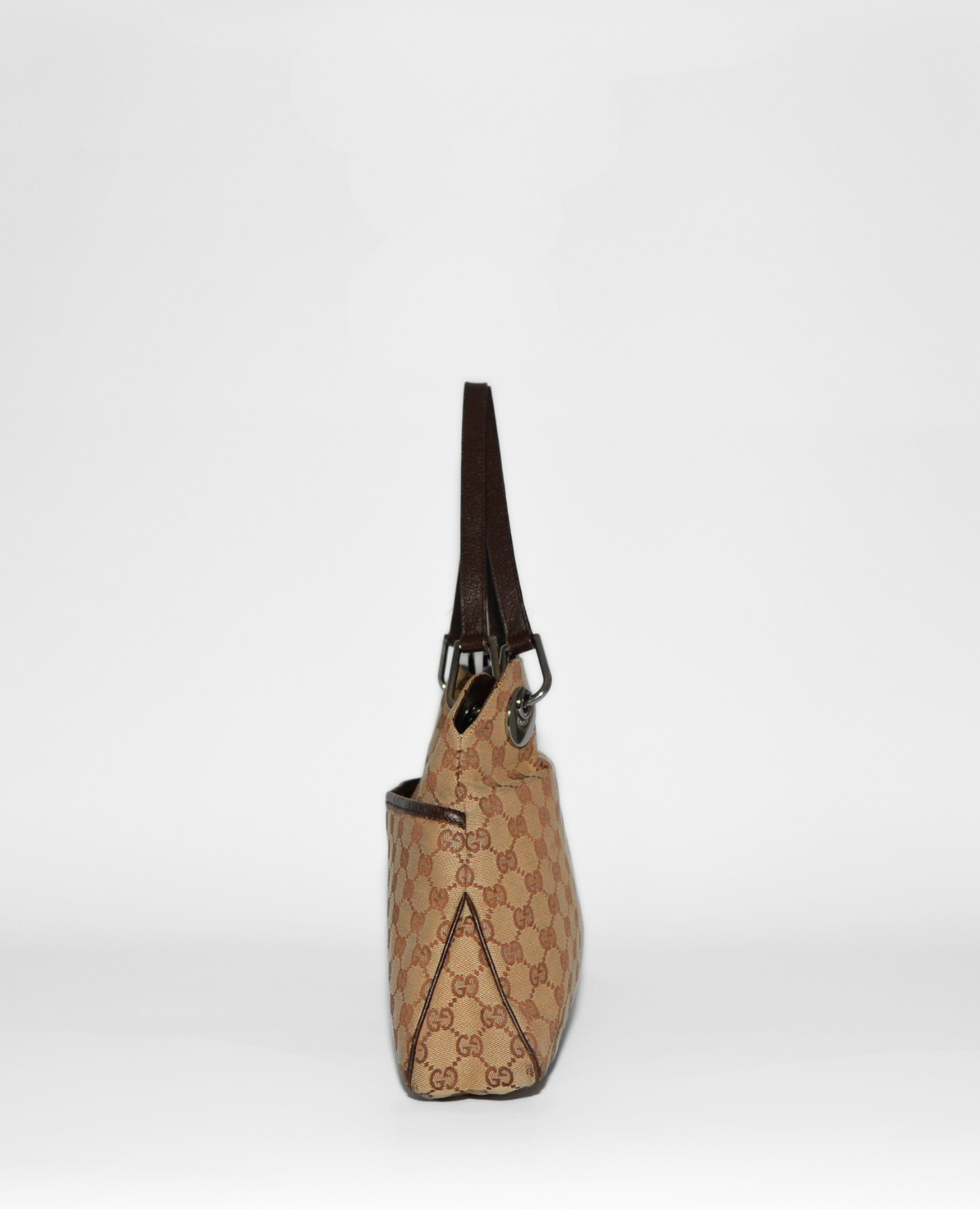 Gucci GG Canvas Eclipse shoulder bag with brown leather trim and adjustable strap, vintage luxury monogram design. - Gucci GG Canvas Eclipse Shoulder Bag