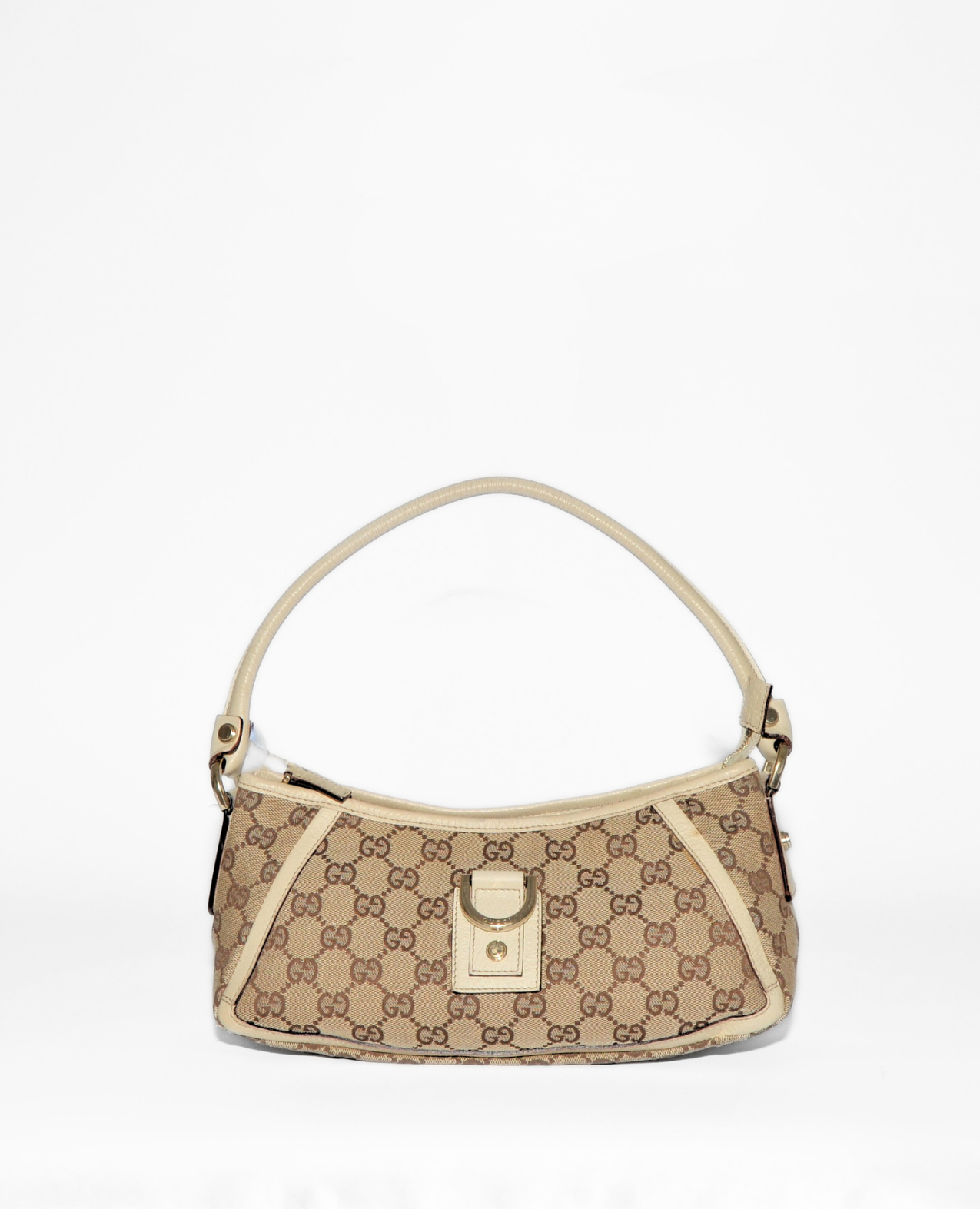 Gucci GG Canvas Abbey D-Ring Pochette with beige monogram canvas and leather trim, vintage luxury designer bag. - Gucci GG Canvas Abbey D-Ring Pochette