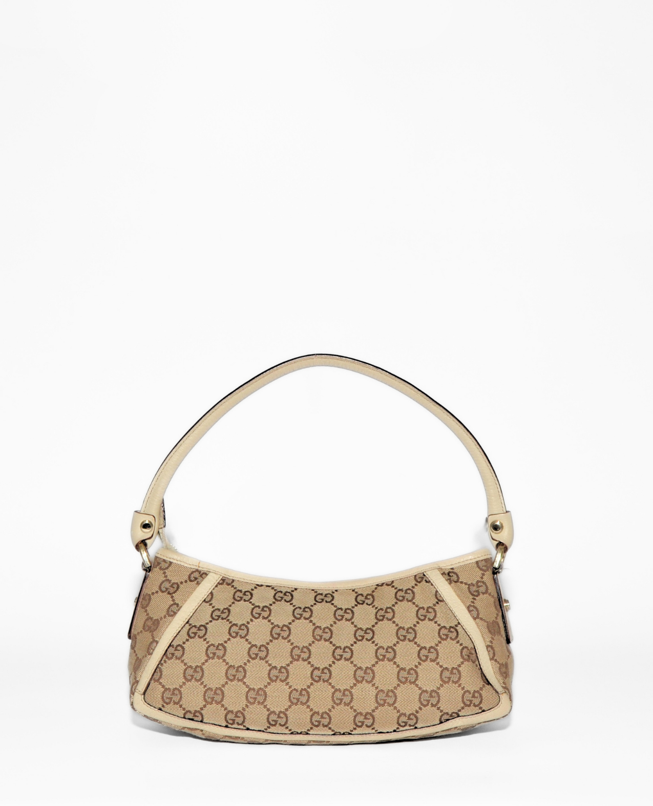 Beige Gucci GG monogram canvas Abbey D-ring pochette with leather trim and single strap, vintage luxury designer accessory. - Gucci GG Canvas Abbey D-Ring Pochette