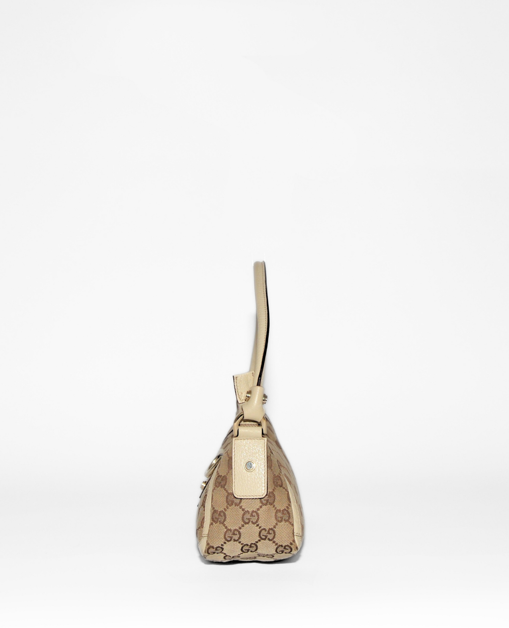 Vintage luxury Gucci GG monogram canvas Abbey D-Ring pochette with tan leather trim and wrist strap. - Gucci GG Canvas Abbey D-Ring Pochette