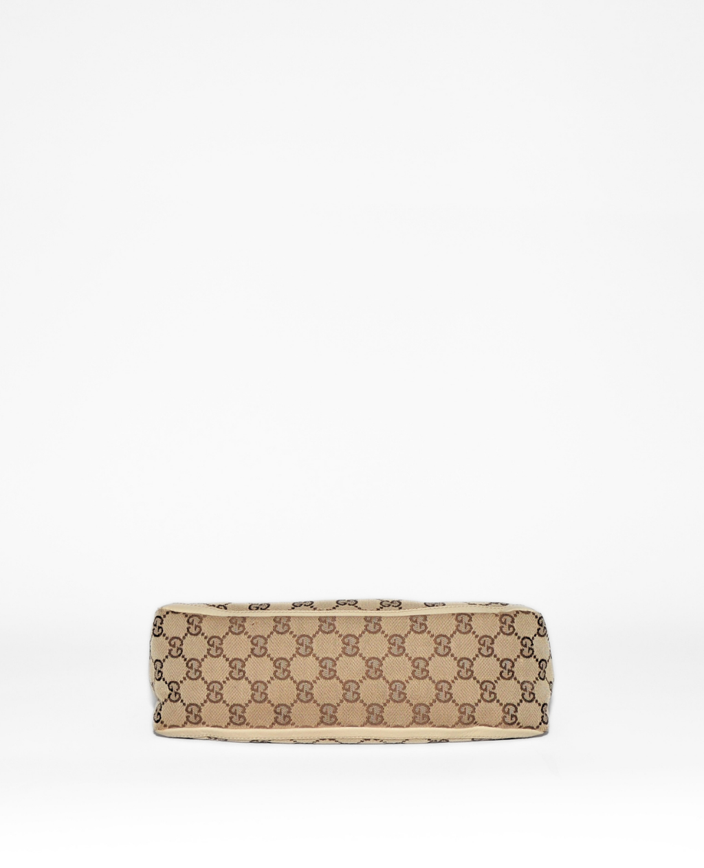 Beige Gucci GG monogram canvas pouch with black leather trim and silver D-ring, vintage luxury designer accessory. - Gucci GG Canvas Abbey D-Ring Pochette