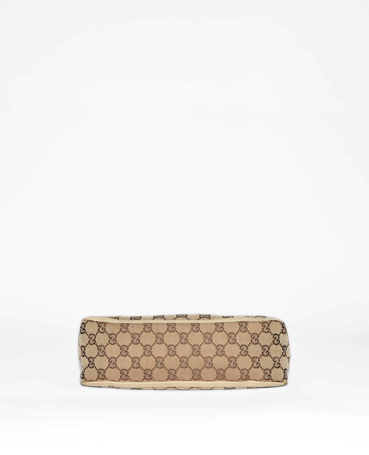 Beige Gucci GG monogram canvas pouch with black leather trim and silver D-ring, vintage luxury designer accessory. - Gucci GG Canvas Abbey D-Ring Pochette