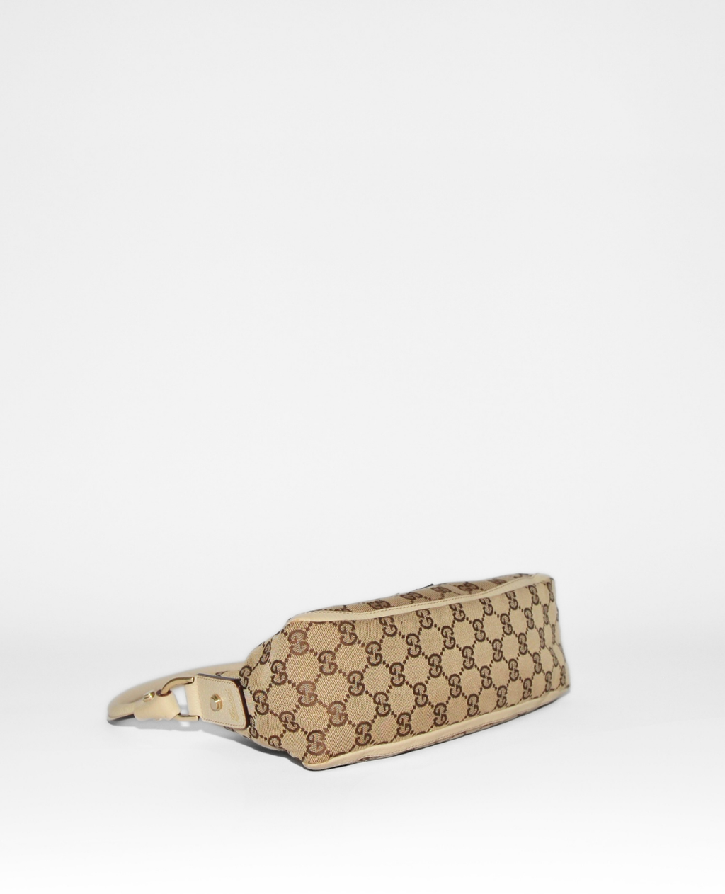 Beige Gucci GG canvas pochette with monogram pattern, vintage luxury high-end designer accessory with D-ring detail. - Gucci GG Canvas Abbey D-Ring Pochette