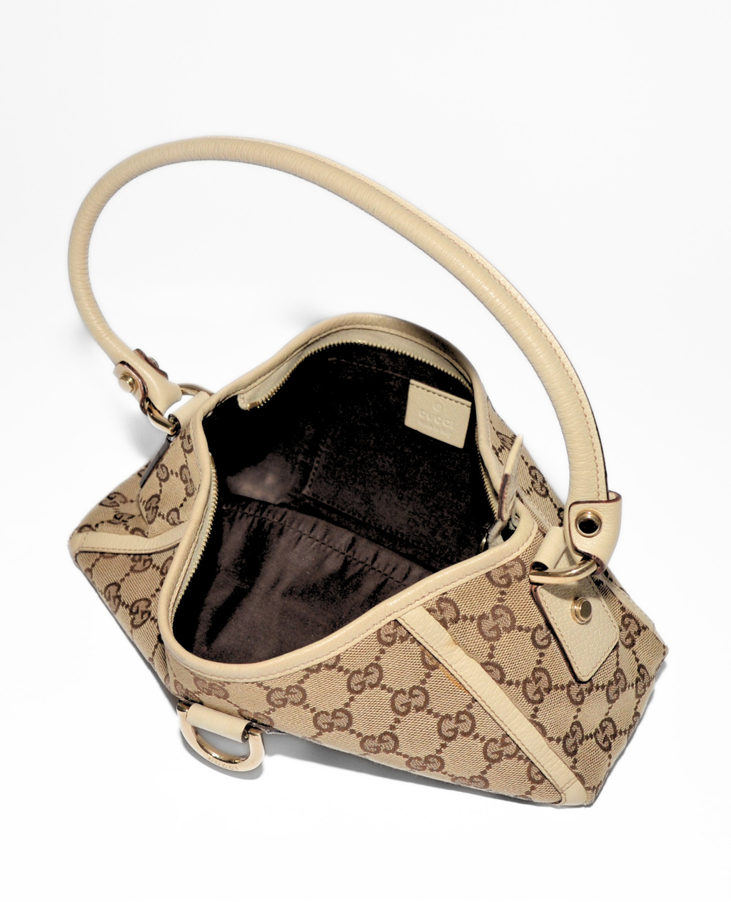 Gucci vintage luxury GG monogram canvas Abbey D-Ring pochette with beige leather trim and open top view. - Gucci GG Canvas Abbey D-Ring Pochette