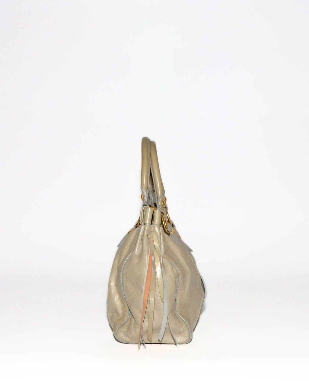 Vintage luxury Miu Miu Vitello leather handbag in taupe with subtle monogram and gold hardware. - Miu Miu Vitello Leather Handbag