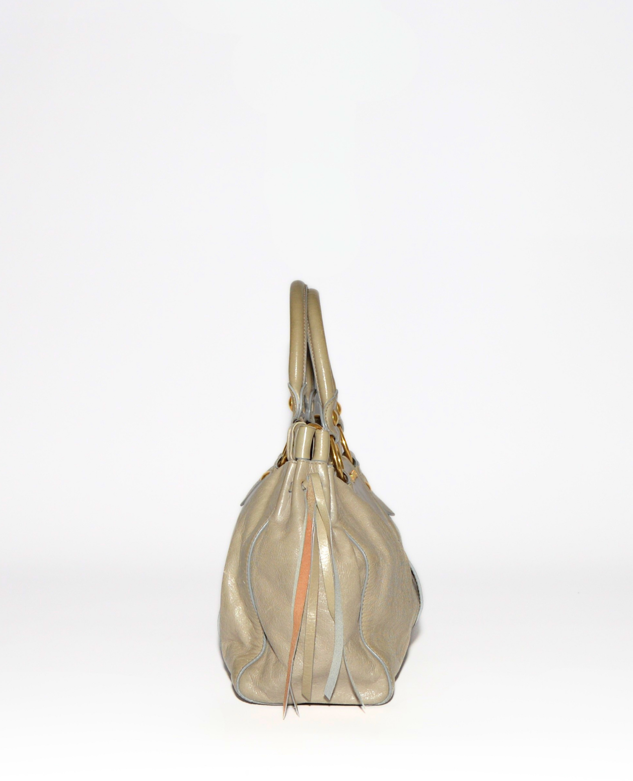 Vintage luxury Miu Miu Vitello leather handbag in taupe with subtle monogram and gold hardware. - Miu Miu Vitello Leather Handbag