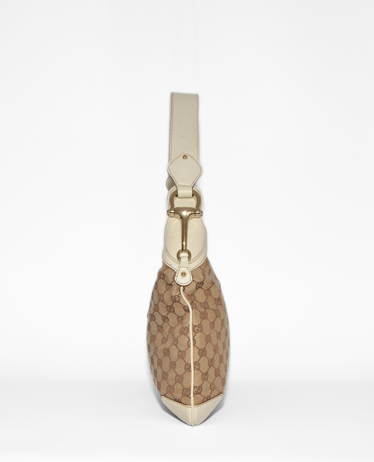 Beige and brown Gucci GG monogram canvas horsebit shoulder bag with cream leather trim, vintage luxury designer style, rare. - Gucci GG Canvas Horsebit Shoulder Bag