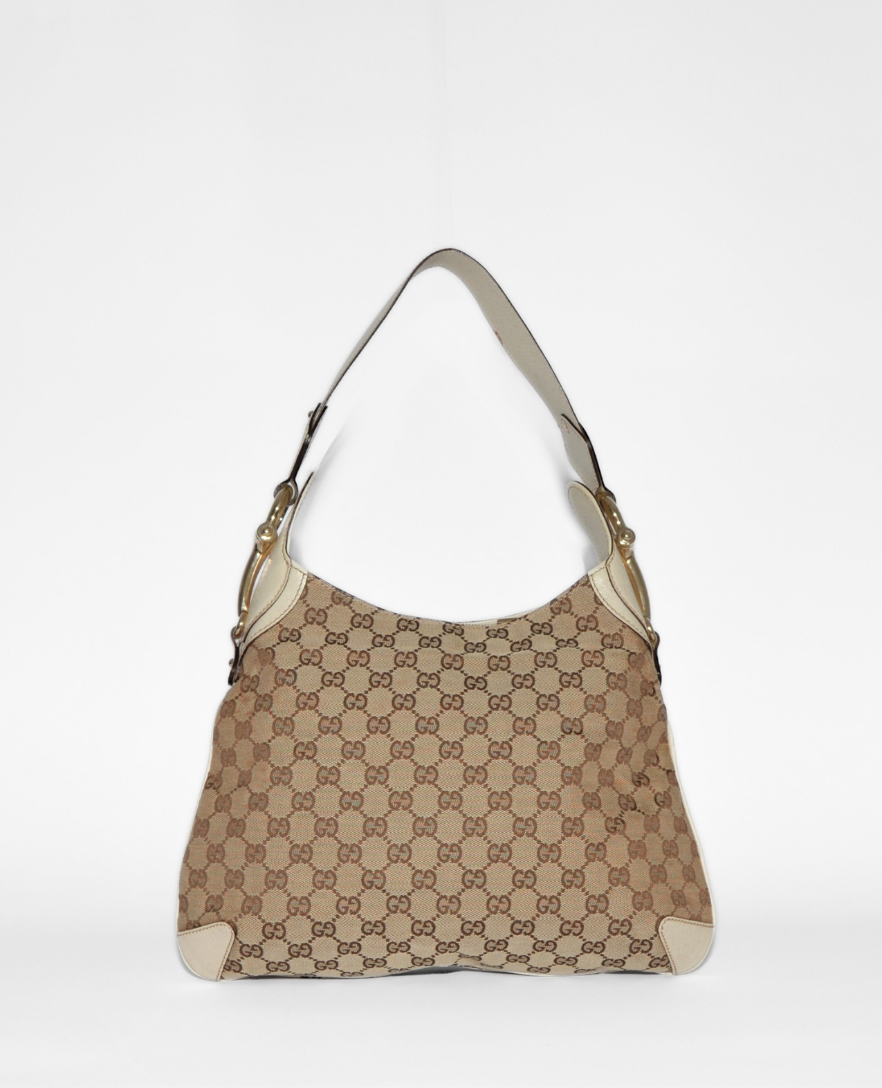 Vintage luxury Gucci GG monogram canvas shoulder bag with white leather trim and gold-tone horsebit detail, high-end. - Gucci GG Canvas Horsebit Shoulder Bag