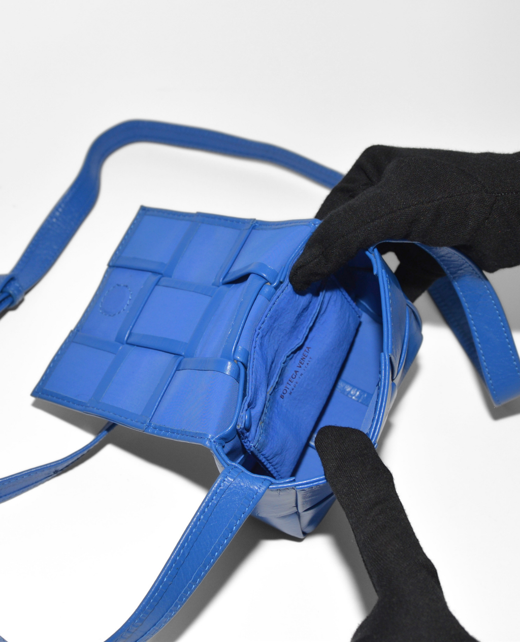 Blue Bottega Veneta Mini Cassette crossbody bag with signature woven leather design and rare vintage luxury appeal. - Bottega Veneta Mini Casette Crossbody Bag